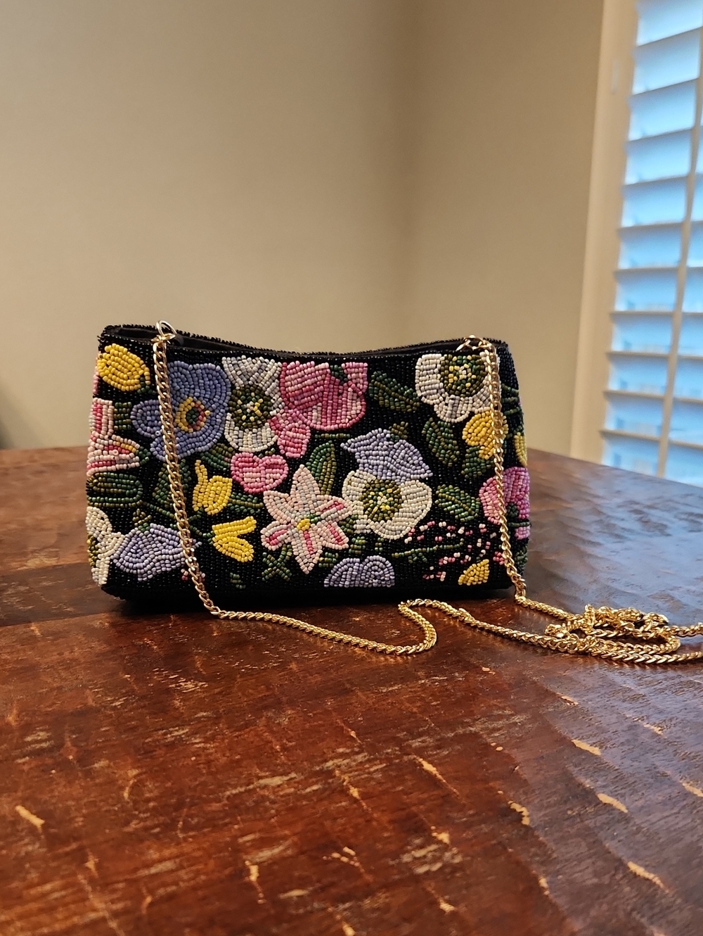 Ann Taylor Black Beaded Floral Crossbody with Gold Chain
